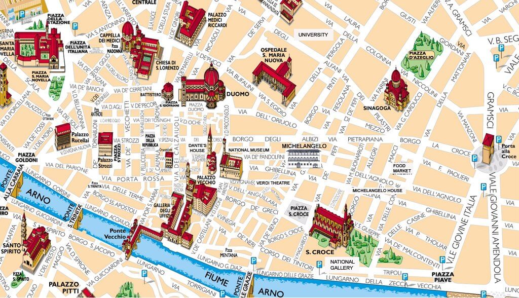 Mapa dos pontos turísticos de Florença Mapa dos pontos turísticos de Florença