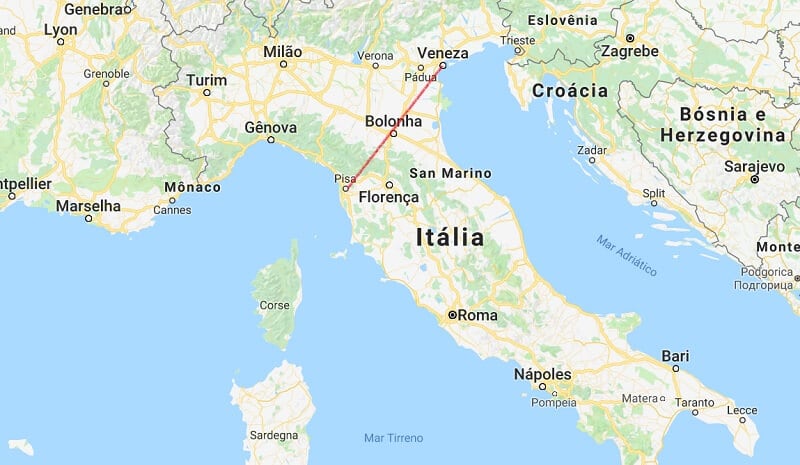 Mapa da viagem de Pisa para Veneza Mapa da viagem de Pisa para Veneza