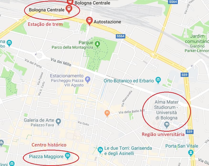 Mapa das principais regiões de Bolonha Mapa das principais regiões de Bolonha