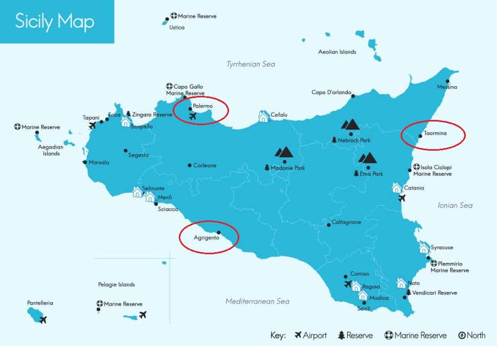 Mapa das melhores regiões de Sicília Mapa das melhores regiões de Sicília