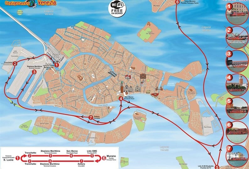 Mapa que mostra o percurso do barco turístico em Veneza Mapa que mostra o percurso do barco turístico em Veneza