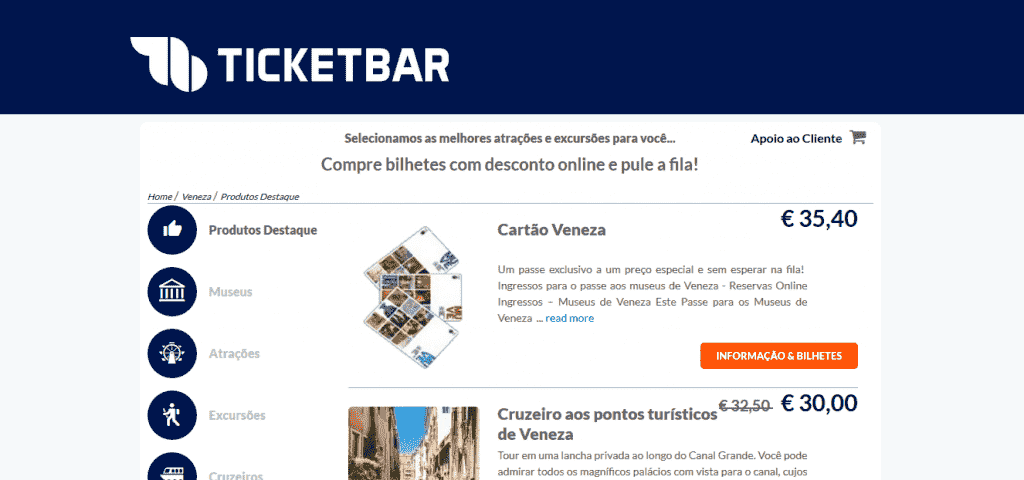 Ticketbar para ingressos em Veneza Ticketbar para ingressos em Veneza